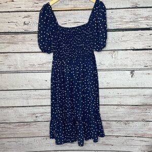 CY Fashion Viola Navy & White Polka Dot Dress Size‎ Medium Smocked Bodice NWOT